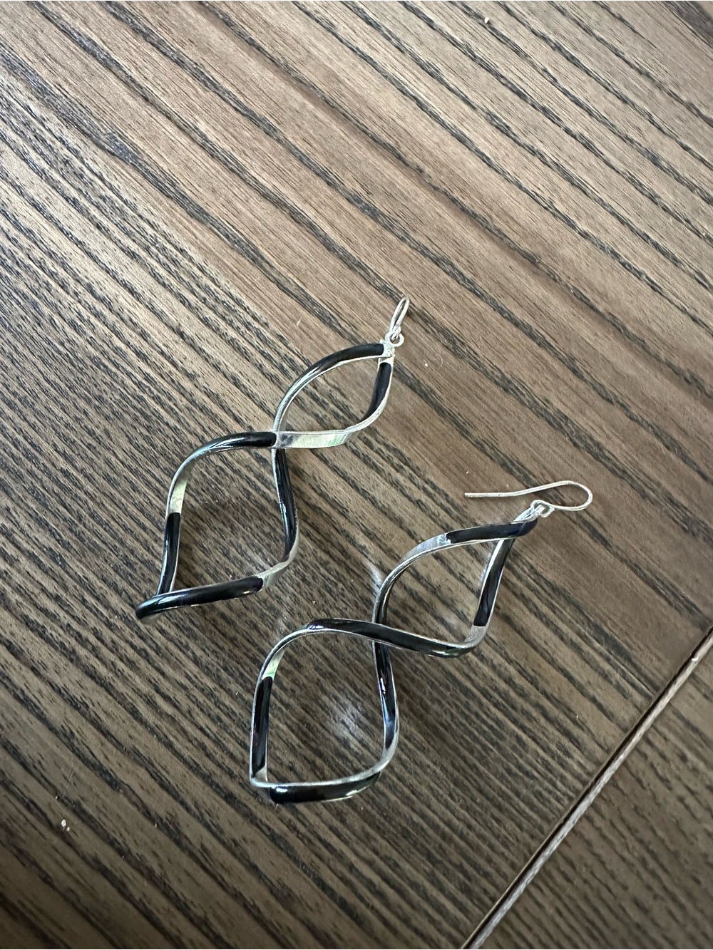 Modernist Silver & Black Enamel Spiral Twist Dangle Earrings